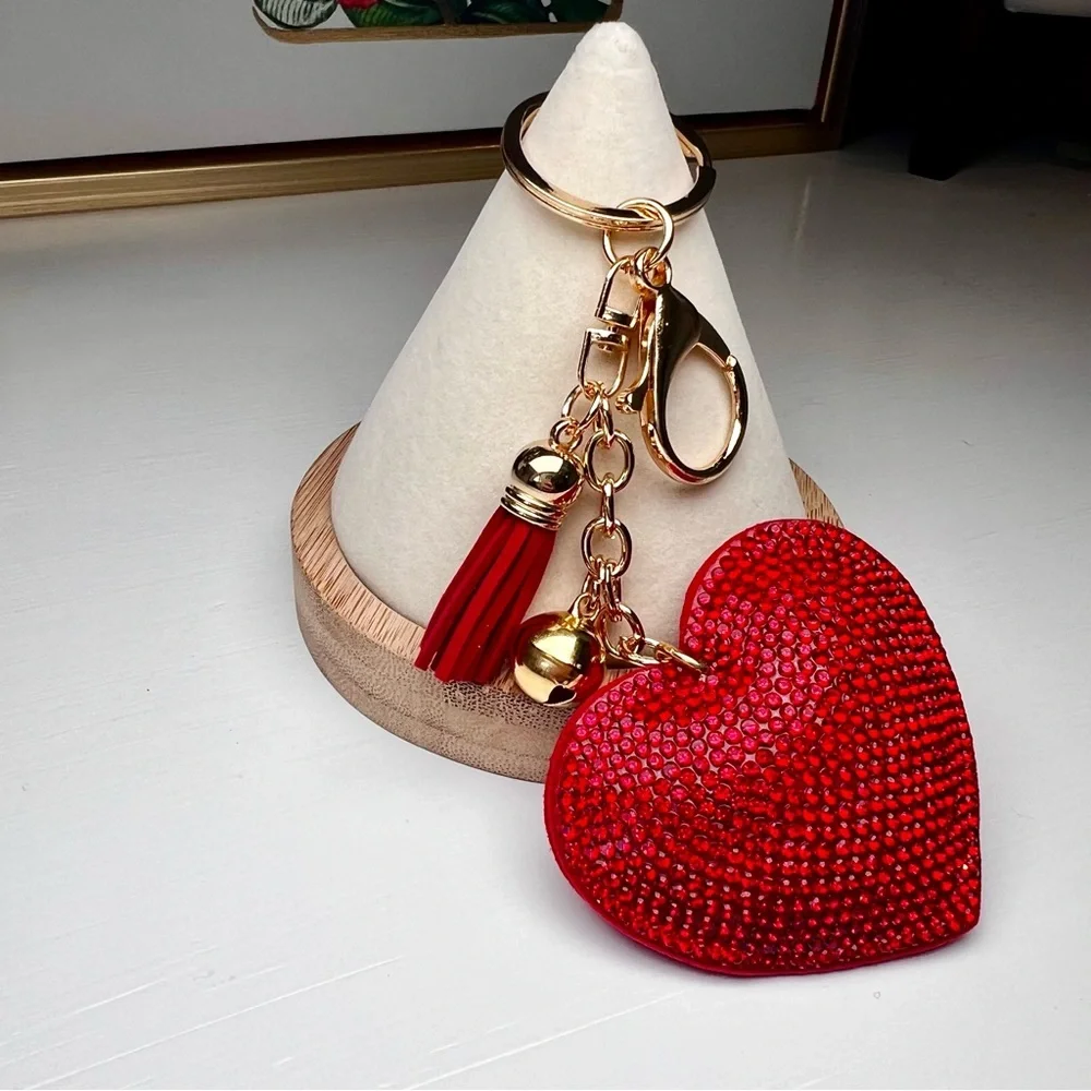 Red Heart Keychain with Gold Accents Tassel Bell Whimsical Glam Romantic - Picture 3 of 4